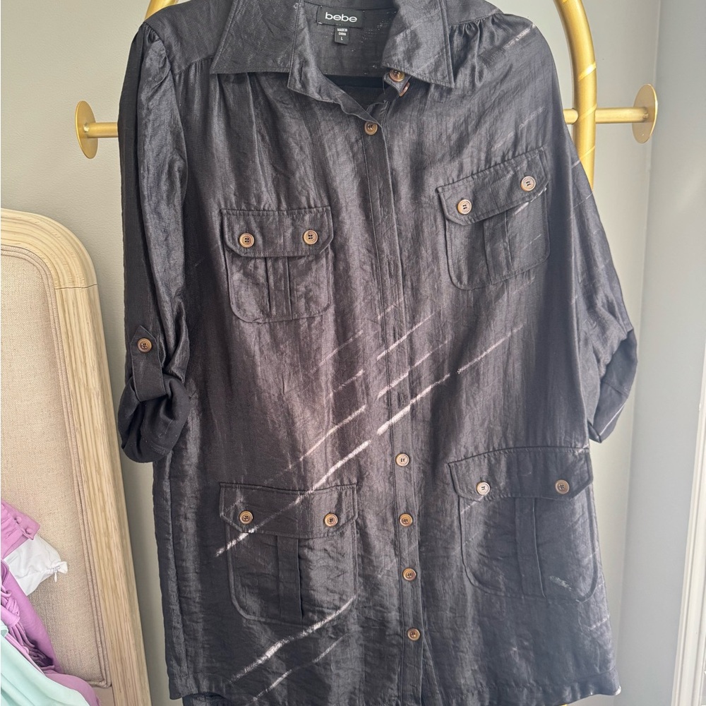 Bebe Black Casual Button Down Shirt with Adjustable Sleeves